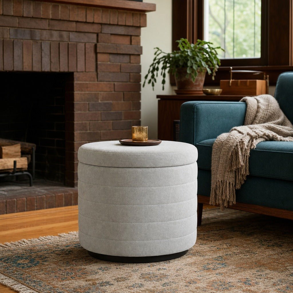 Elio Storage Ottoman in Platinum styled in Portland Ladd&
