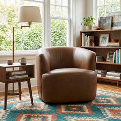Fireside Swivel Club Chair in Antique Sienna styled in a bright Portland mid-century modern living room - Whats New Furniture