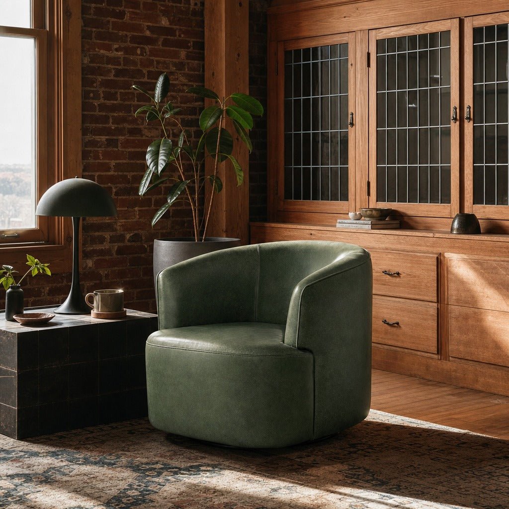 Fireside Swivel Club Chair in Forest Green styled in Portland converted warehouse flat with warm exposed brick and fir timber beams (no steel, no concrete) living room - Whats New Furniture