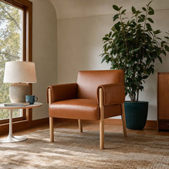 Forest Club Chair in Saddle styled in Portland Mt. Tabor mid-century daylight ranch living room - Whats New Furniture