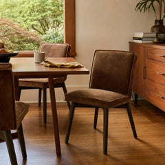 Franklyn Dining Chair in Distressed Velvet Bronze styled in Portland Hawthorne Craftsmbungalow dining room - Whats New Furniture