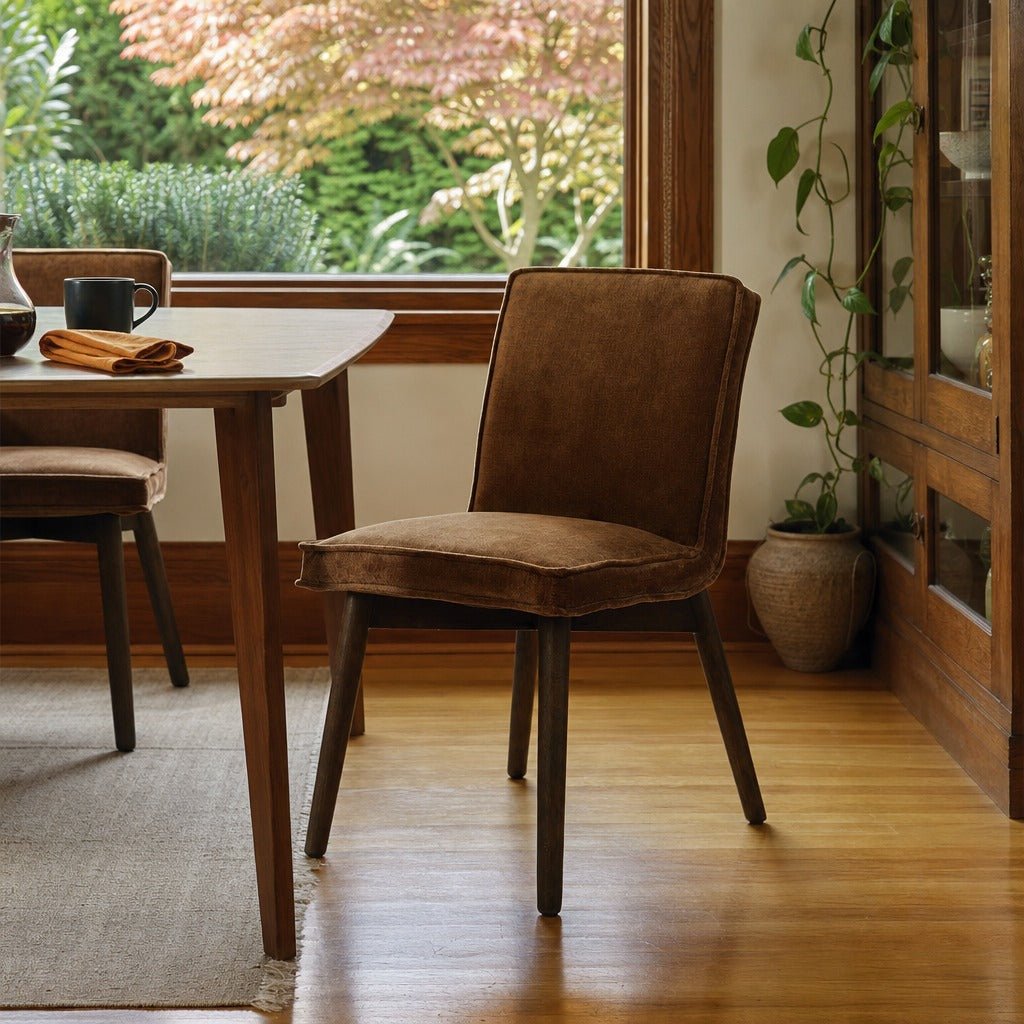 Franklyn Dining Chair in Distressed Velvet Bronze styled in Portland Hawthorne Craftsmbungalow dining room - Whats New Furniture