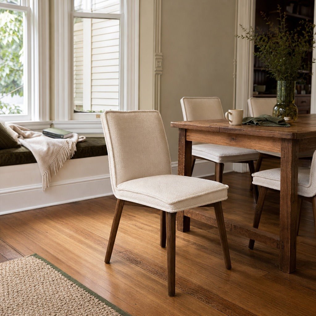 Franklyn Dining Chair in Pebble Cream styled in Portland NW 23rd Victoriwith bay window dining room - Whats New Furniture
