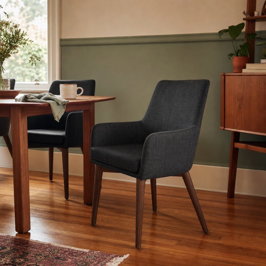 Fritz Arm Dining Chair in Dark Grey styled in Portland Sellwood cottage dining room - Whats New Furniture