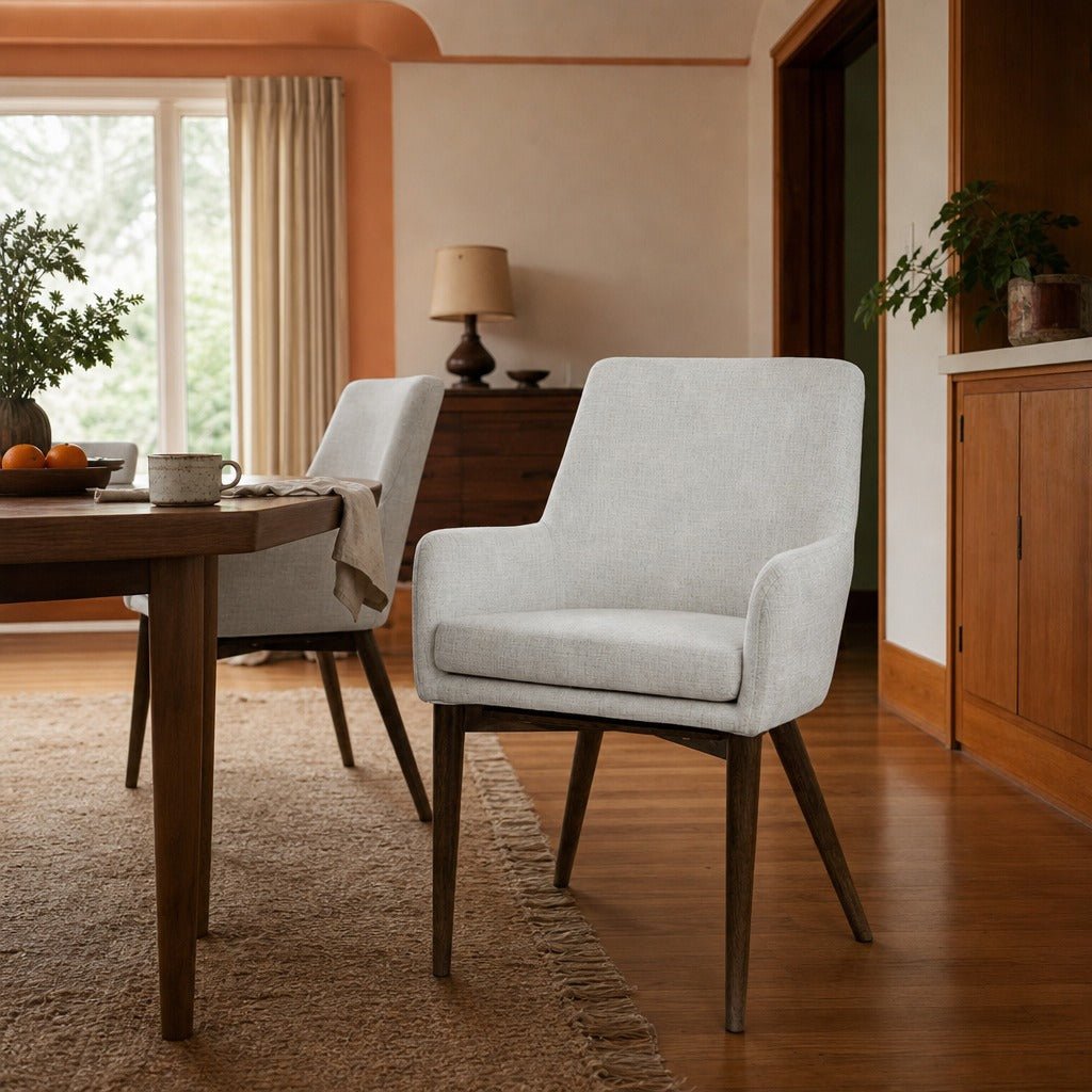 Fritz Arm Dining Chair in Ivory styled in Portland 1960s Garden Home ranch dining room - Whats New Furniture