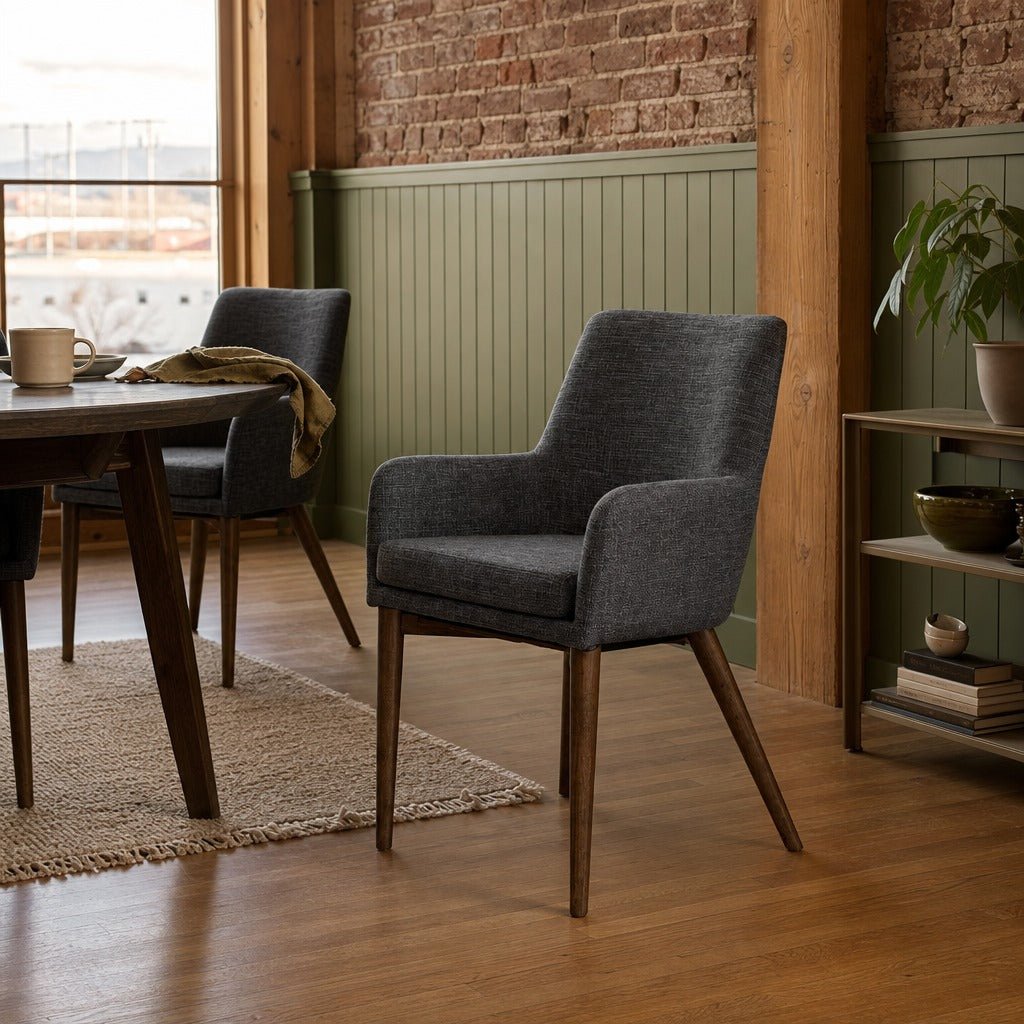 Fritz Arm Dining Chair in Slate styled in Portland converted warehouse flat with warm exposed brick and fir timber beams (no steel, no concrete) dining room - Whats New Furniture