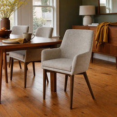 Fritz Arm Dining Chair in Taupe styled in Portland St. Johns bungalow dining room - Whats New Furniture