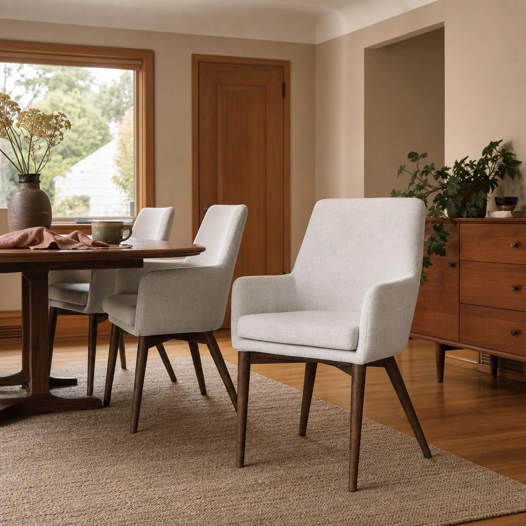 Fritz Arm Dining Chair in Ivory styled in Portland 1960s Garden Home ranch dining room - Whats New Furniture
