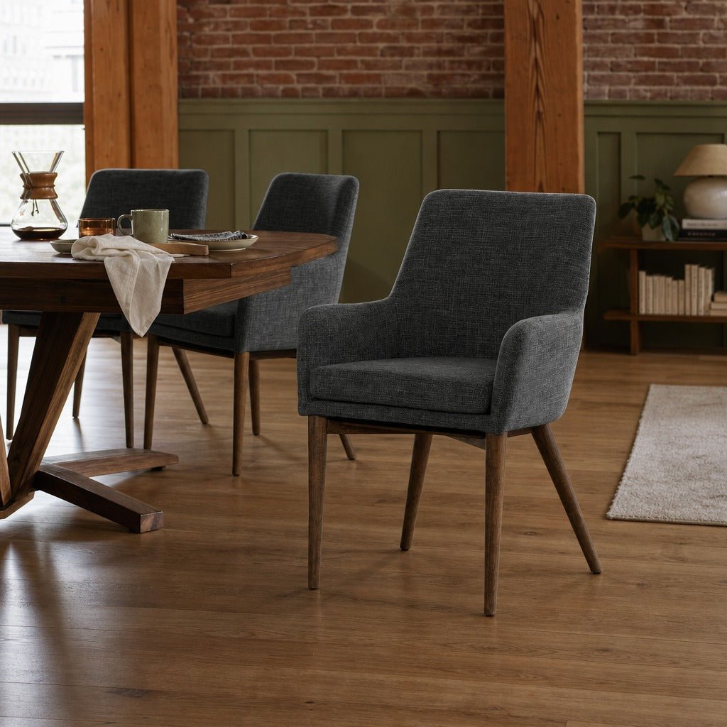 Fritz Arm Dining Chair in Slate styled in Portland converted warehouse flat with warm exposed brick and fir timber beams (no steel, no concrete) dining room - Whats New Furniture