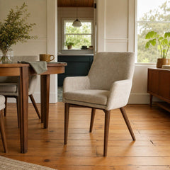 Fritz Arm Dining Chair in Taupe styled in Portland St. Johns bungalow dining room - Whats New Furniture