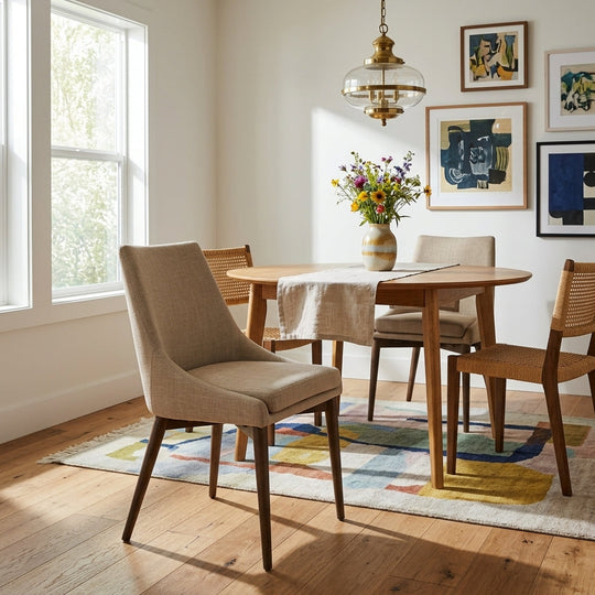 Fritz Side Chair in Beige styled in a bright Portland mid-century modern dining room - Whats New Furniture