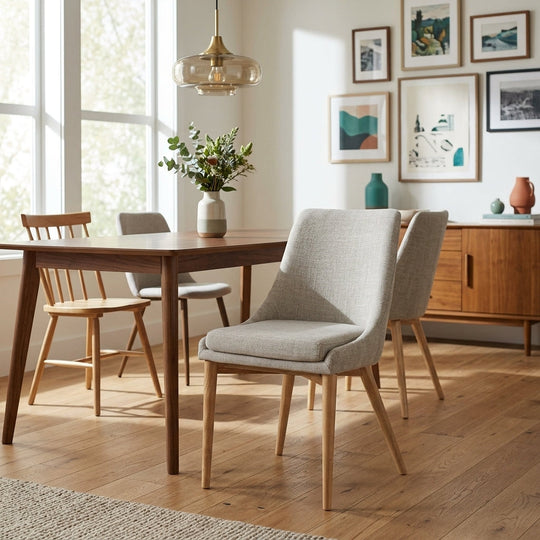 Fritz Side Chair in Ivory with Natural Leg styled in a bright Portland mid-century modern dining room - Whats New Furniture