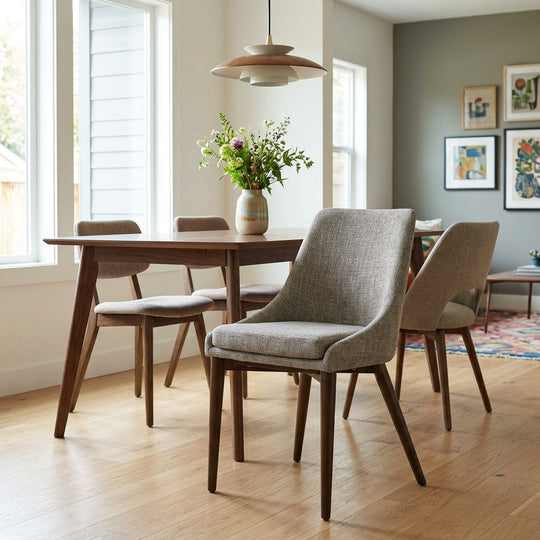 Fritz Side Chair in Taupe styled in a bright Portland mid-century modern dining room - Whats New Furniture