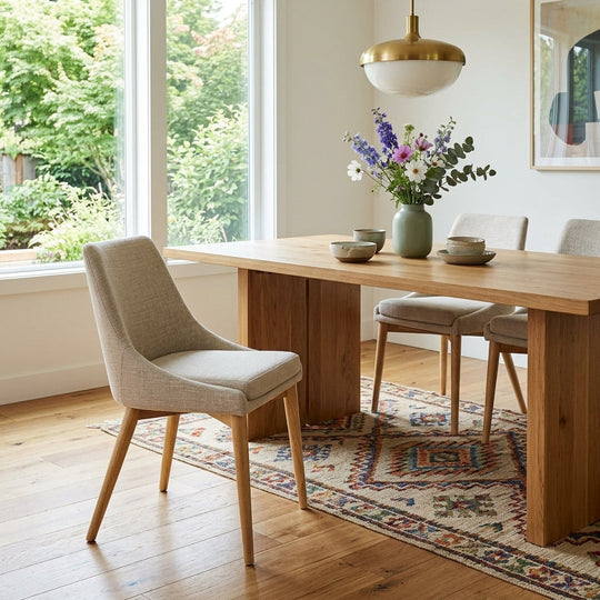 Fritz Side Chair in Taupe with Natural Leg styled in a bright Portland mid-century modern dining room - Whats New Furniture