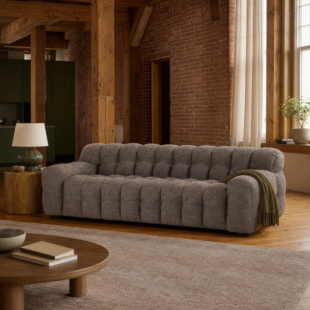 Fusion Sofa in Brown styled in Portland converted warehouse flat with warm exposed brick and fir timber beams (no steel, no concrete) living room - Whats New Furniture