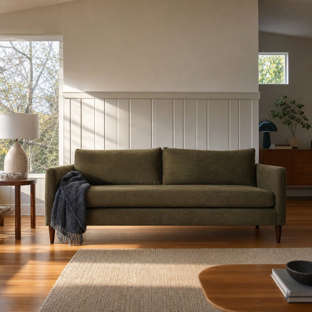 Gemma Apartment Sofa in Pine styled in Portland Mt. Tabor mid-century daylight ranch living room - Whats New Furniture