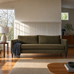Gemma Apartment Sofa in Pine styled in Portland Mt. Tabor mid-century daylight ranch living room - Whats New Furniture
