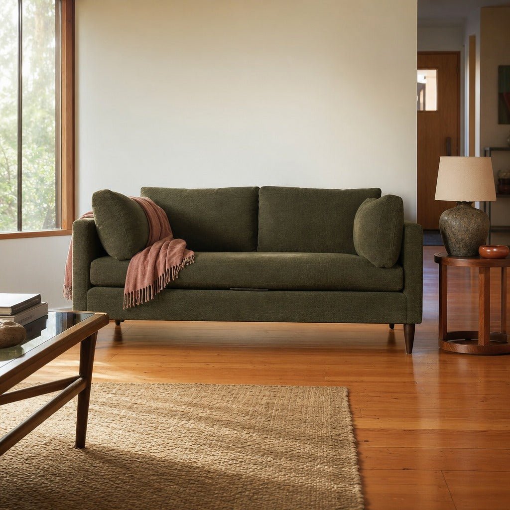Gemma Loveseat in Pine styled in Portland 1960s Garden Home ranch living room - Whats New Furniture