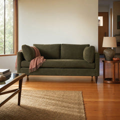 Gemma Loveseat in Pine styled in Portland 1960s Garden Home ranch living room - Whats New Furniture