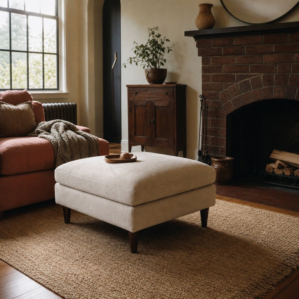 Gemma Ottoman in Fawn styled in Portland Laurelhurst Tudor cottage living room - Whats New Furniture