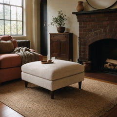 Gemma Ottoman in Fawn styled in Portland Laurelhurst Tudor cottage living room - Whats New Furniture