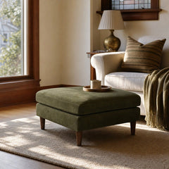 Gemma Ottoman in Olive styled in Portland Sellwood cottage living room - Whats New Furniture