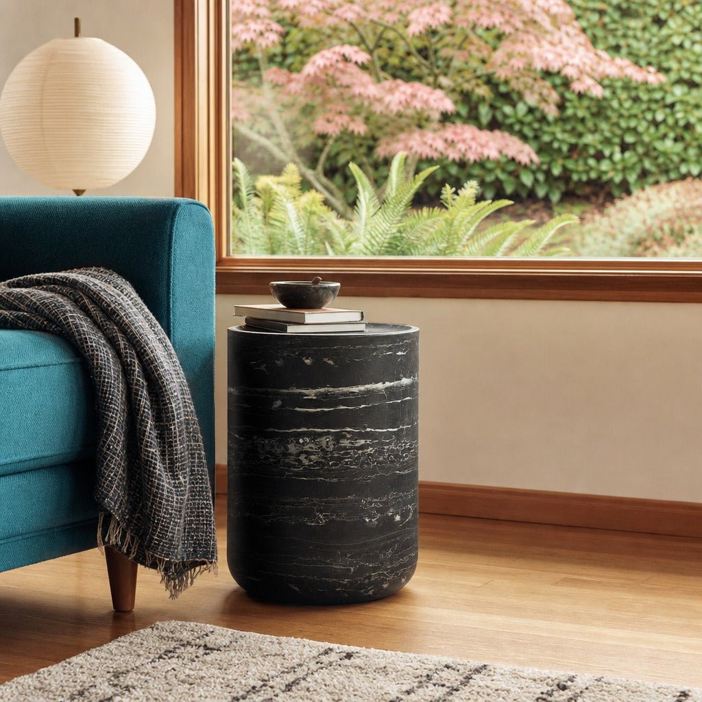 Geri Side Table in Nero styled in Portland Mt. Tabor mid-century daylight ranch living room - Whats New Furniture