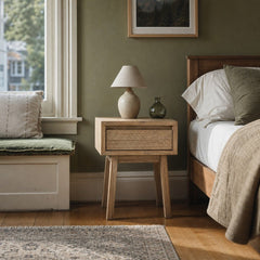 Gia 1 Drawer Nightstand in Light Driftwood styled in Portland NW 23rd Victoriwith bay window bedroom - Whats New Furniture