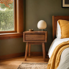 Gia 1 Drawer Nightstand in Warm Pecan styled in Portland Hawthorne Craftsmbungalow bedroom - Whats New Furniture