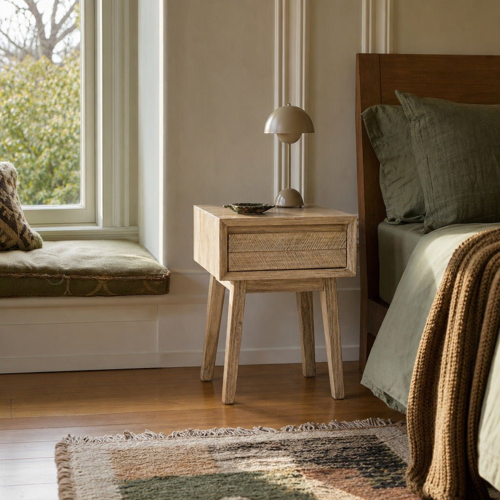 Gia 1 Drawer Nightstand in Light Driftwood styled in Portland NW 23rd Victoriwith bay window bedroom - Whats New Furniture