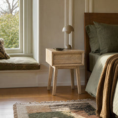 Gia 1 Drawer Nightstand in Light Driftwood styled in Portland NW 23rd Victoriwith bay window bedroom - Whats New Furniture