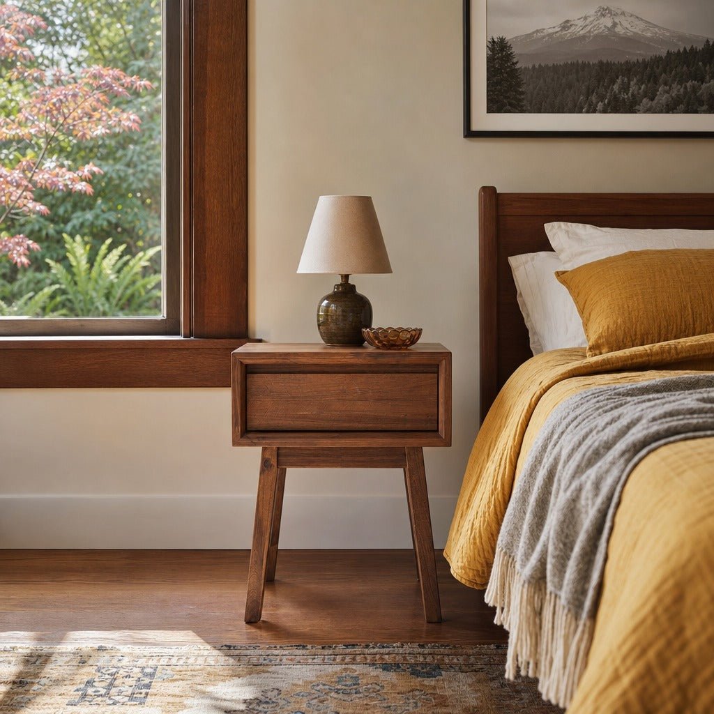 Gia 1 Drawer Nightstand in Warm Pecan styled in Portland Hawthorne Craftsmbungalow bedroom - Whats New Furniture