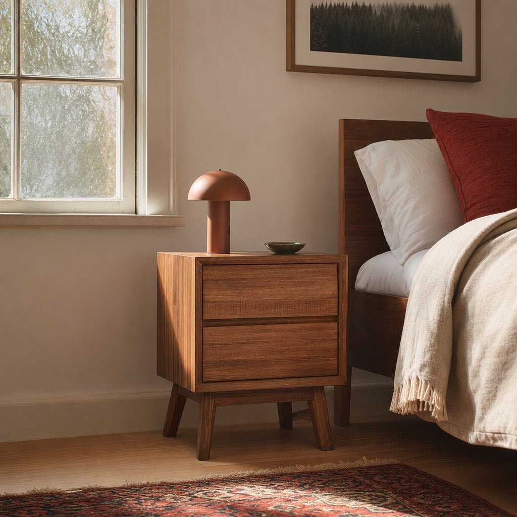 Gia 2 Drawer Nightstand in Warm Pecan styled in Portland AlbertArts foursquare bedroom - Whats New Furniture