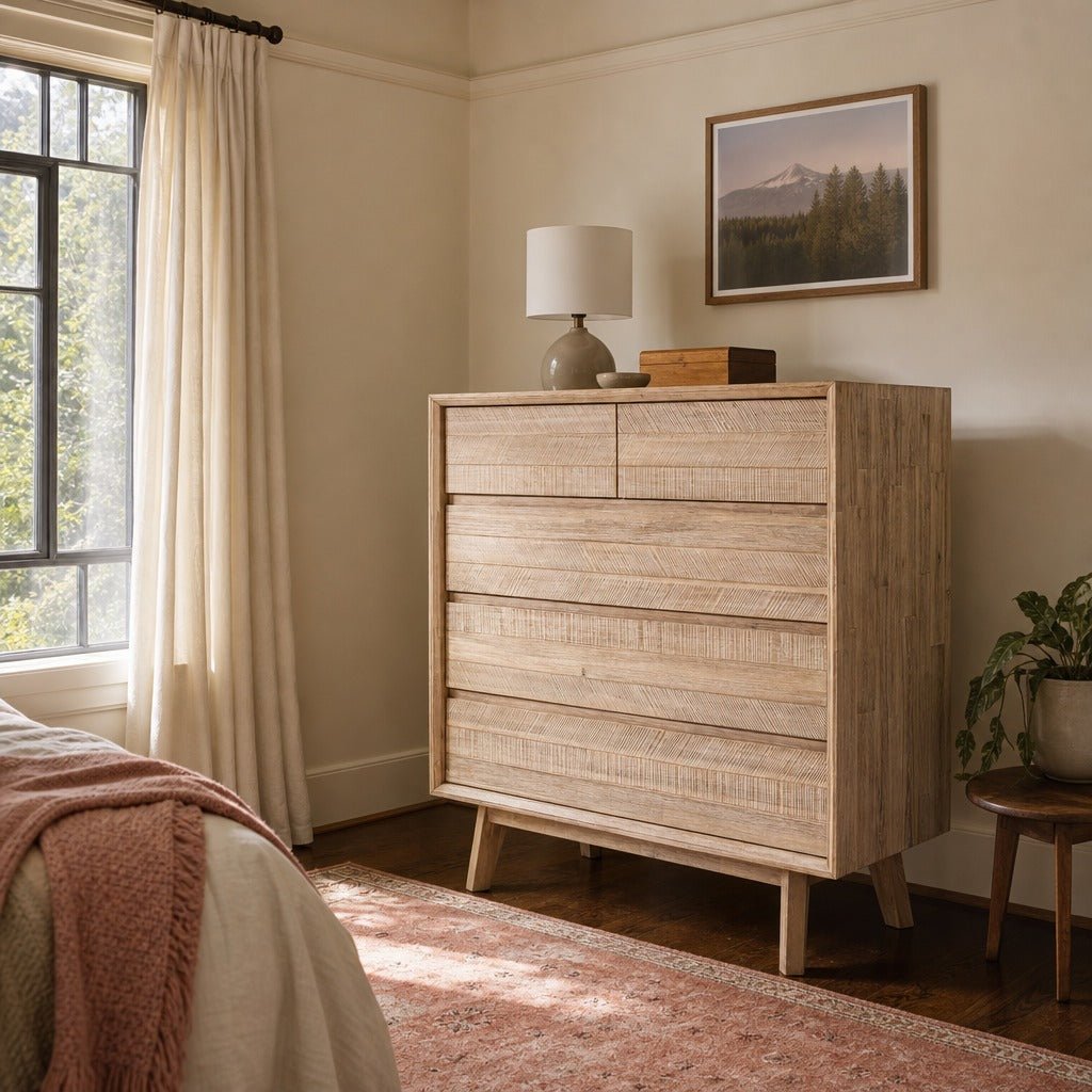 Gia 5 Drawer Chest in Light Driftwood styled in Portland Laurelhurst Tudor cottage bedroom - Whats New Furniture