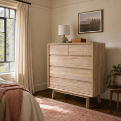 Gia 5 Drawer Chest in Light Driftwood styled in Portland Laurelhurst Tudor cottage bedroom - Whats New Furniture