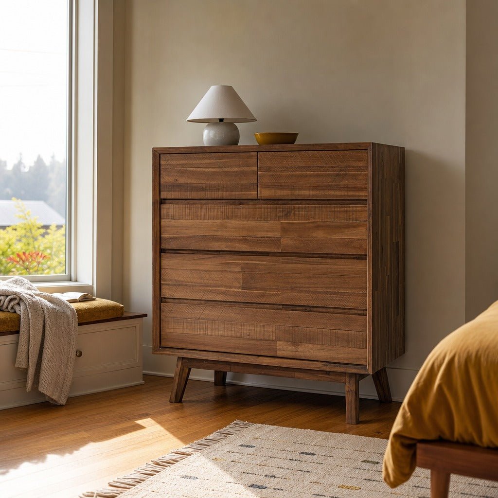 Gia 5 Drawer Chest in Warm Pecan styled in Portland St. Johns bungalow bedroom - Whats New Furniture