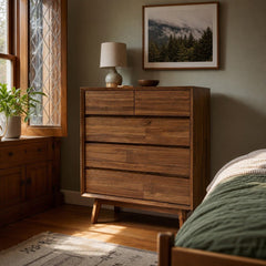 Gia 5 Drawer Chest in Warm Pecan styled in Portland Sellwood cottage bedroom - Whats New Furniture