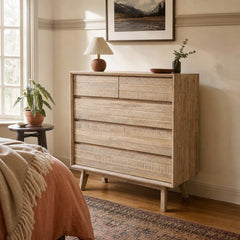 Gia 5 Drawer Chest in Light Driftwood styled in Portland Laurelhurst Tudor cottage bedroom - Whats New Furniture
