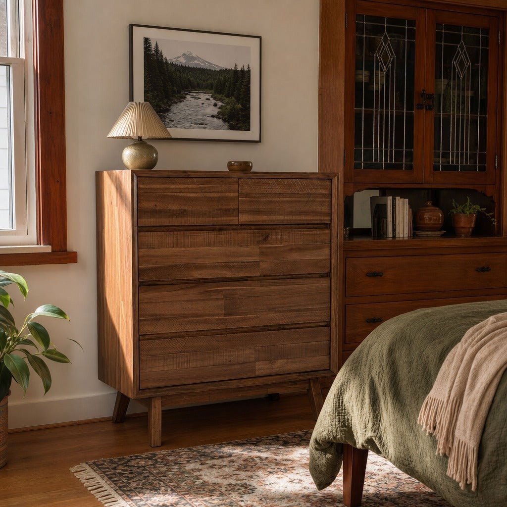 Gia 5 Drawer Chest in Warm Pecan styled in Portland Sellwood cottage bedroom - Whats New Furniture