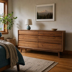 Gia 6 Drawer Dresser in Warm Pecan styled in Portland Mt. Tabor mid-century daylight ranch bedroom - Whats New Furniture