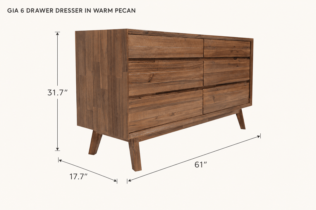 Gia 6 Drawer Dresser in Warm Pecan dimensions - What&