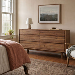 Gia 6 Drawer Dresser in Warm Pecan styled in Portland Montavillcottage bedroom - Whats New Furniture