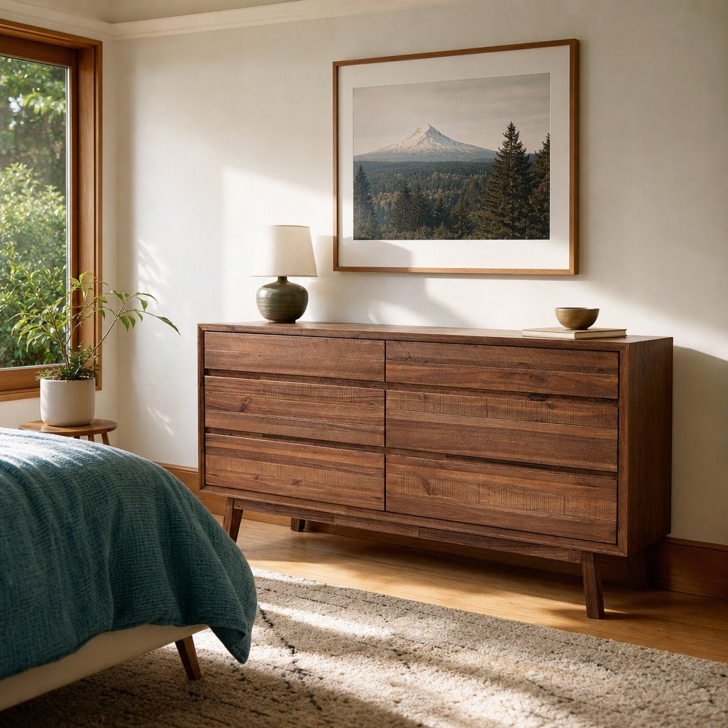 Gia 6 Drawer Dresser in Warm Pecan styled in Portland Mt. Tabor mid-century daylight ranch bedroom - Whats New Furniture