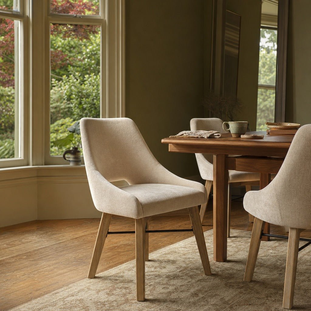 Gia Curved Dining Chair in Sand styled in Portland NW 23rd Victoriwith bay window dining room - Whats New Furniture
