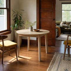 Gia Round Dining Table in Light Driftwood styled in Portland St. Johns bungalow dining room - Whats New Furniture