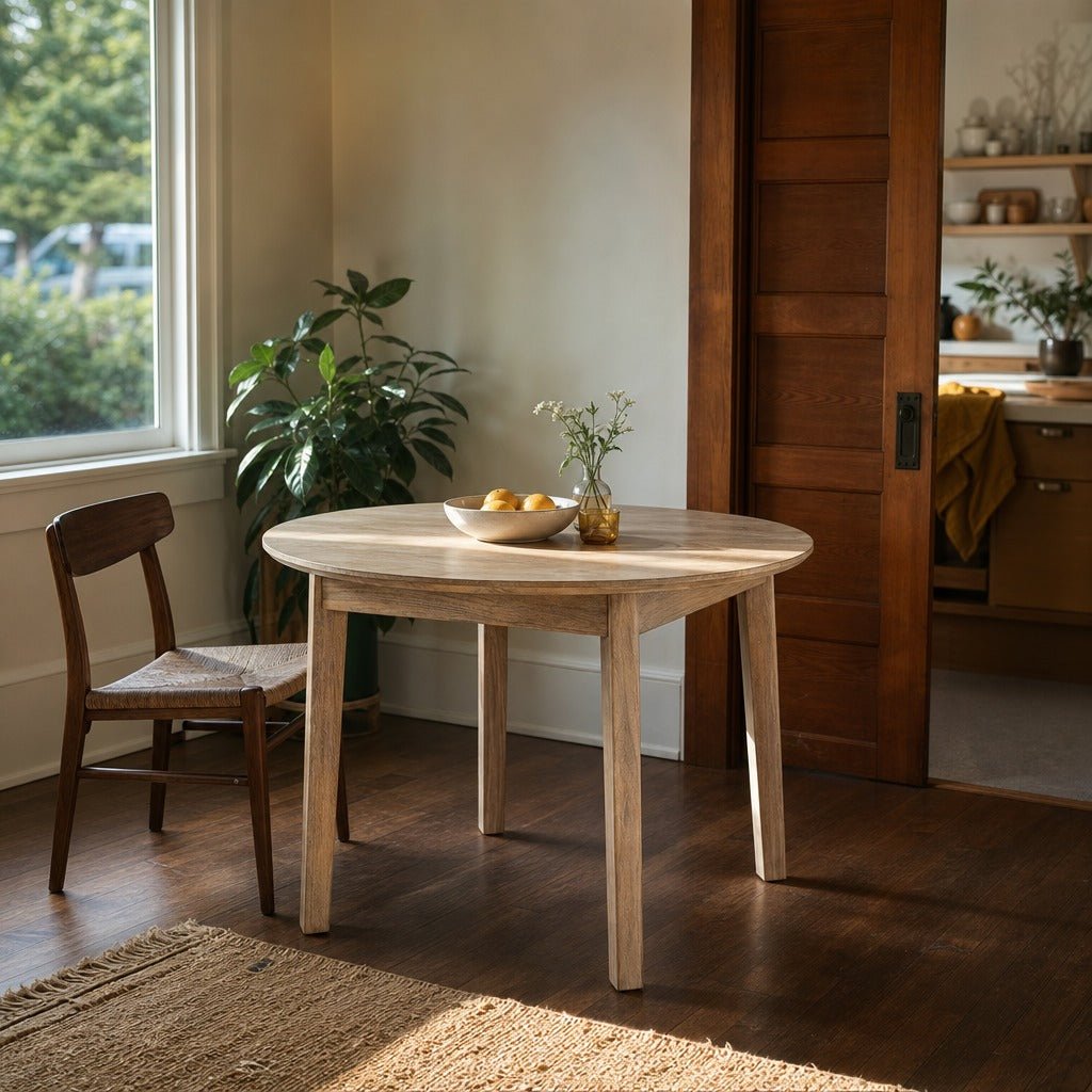Gia Round Dining Table in Light Driftwood styled in Portland St. Johns bungalow dining room - Whats New Furniture
