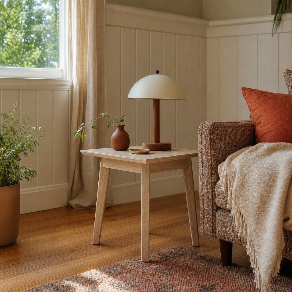 Gia Side Table in Light Driftwood styled in Portland 1960s Garden Home ranch living room - Whats New Furniture