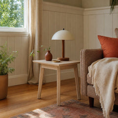 Gia Side Table in Light Driftwood styled in Portland 1960s Garden Home ranch living room - Whats New Furniture