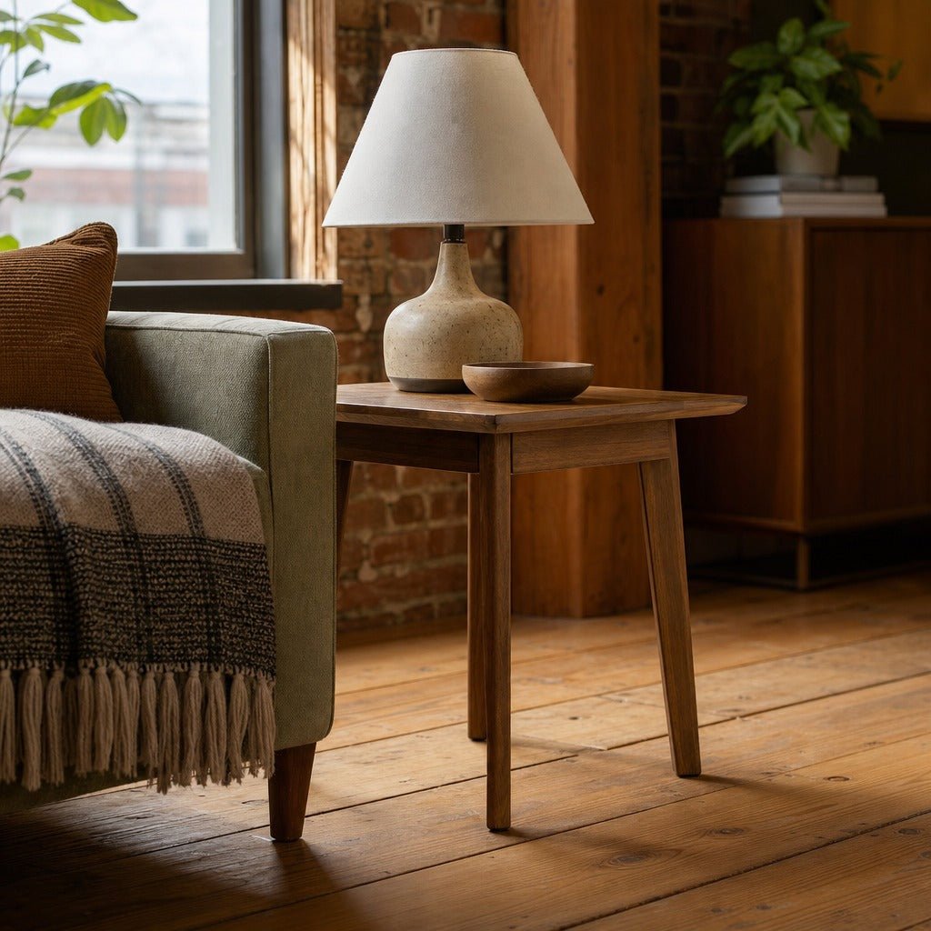 Gia Side Table in Warm Pecan styled in Portland converted warehouse flat with warm exposed brick and fir timber beams (no steel, no concrete) living room - Whats New Furniture