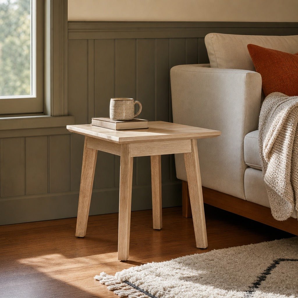 Gia Side Table in Light Driftwood styled in Portland 1960s Garden Home ranch living room - Whats New Furniture